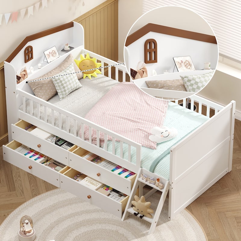 Twin Bed Frame with Storage 4 Drawers,Wooden Bed Frame for Kids,Platform Twin Size Bed with Guardrail Headboard