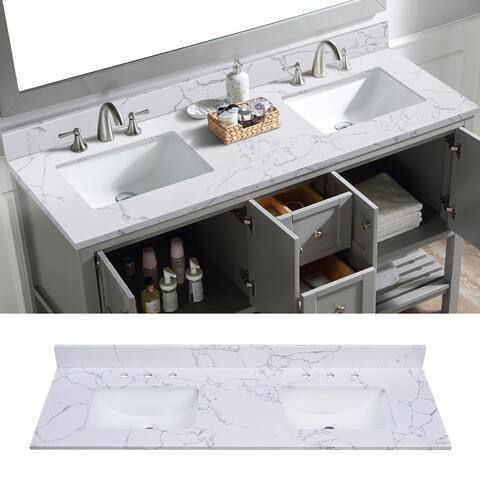 YASINU 61 Inch Alaska White Engineered Marble Vanity Top with Double Sinks