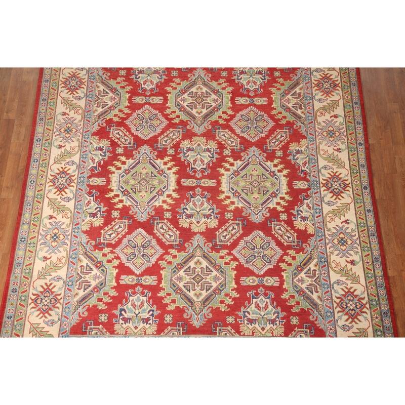 Red Geometric Kazak Area Rug Handmade Wool Carpet - 7'11" x 9'11"