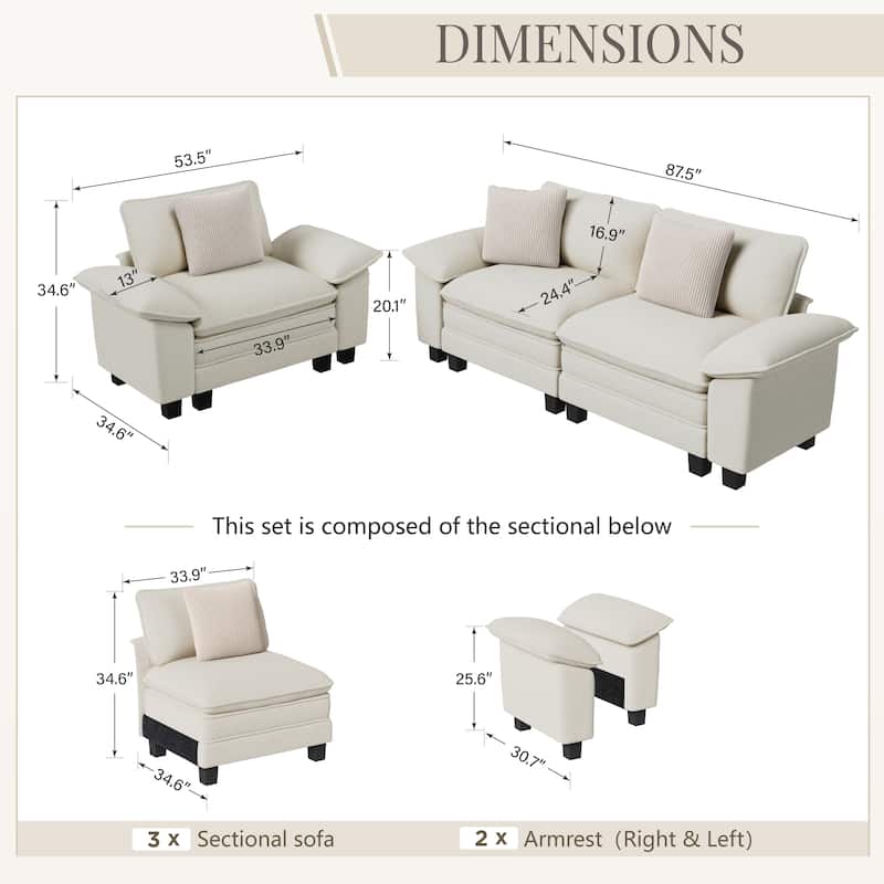MAISON ARTS 2-Piece Chenille & Corduroy Sofa Set, Comfy 3/4/5-Seater Modular Loveseat & Armchair with Throw Pillows