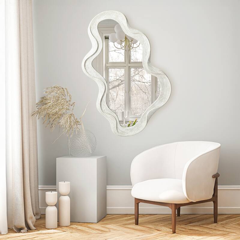 Glitzhome 31.75"H Washed White Fall Wood Frame Wavy Wall Mounted Mirror - 31.75"H x 19.75"L