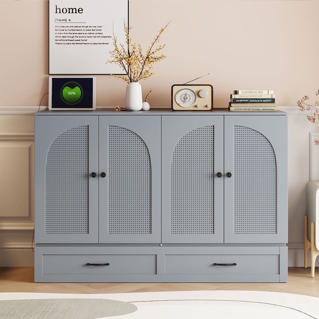 Space-Saving Full Size Murphy Bed with Large Drawers, USB Charging & Rattan Finish