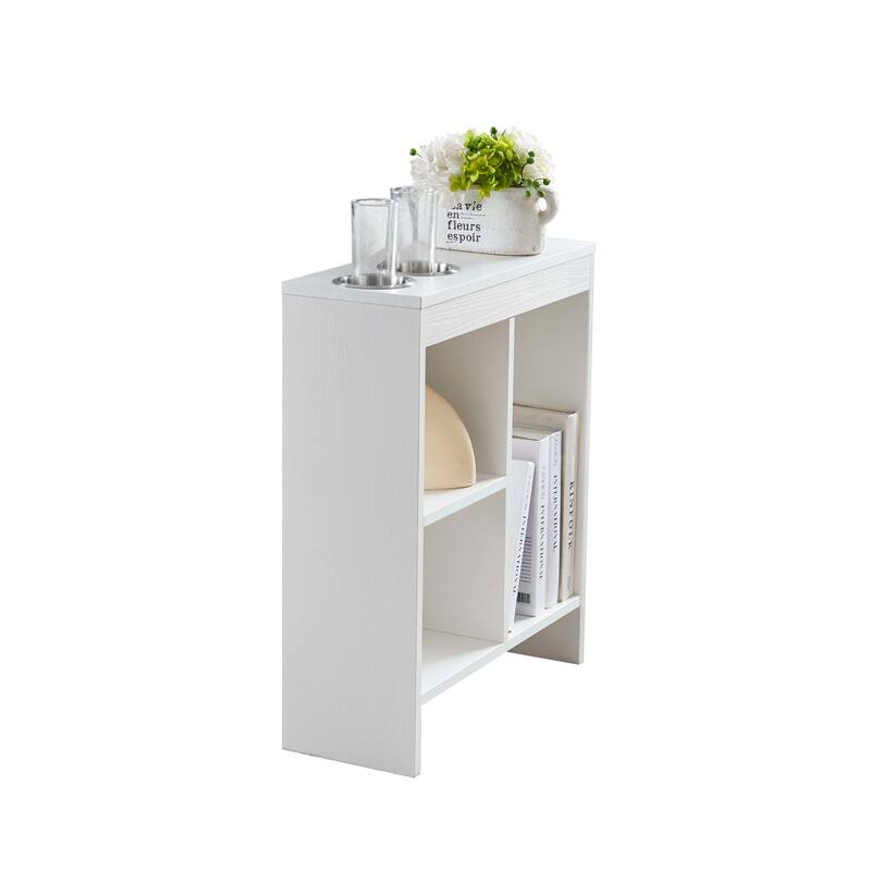 Slim Side Sofa End Table with Drink Holders and Built-in Shelving Magazine Holder, White