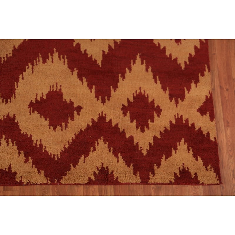 Hand Knotted Oriental 100% Wool Carpet Modern Geometric Red Moroccan Area Rug - 9' 7'' X 7' 11''