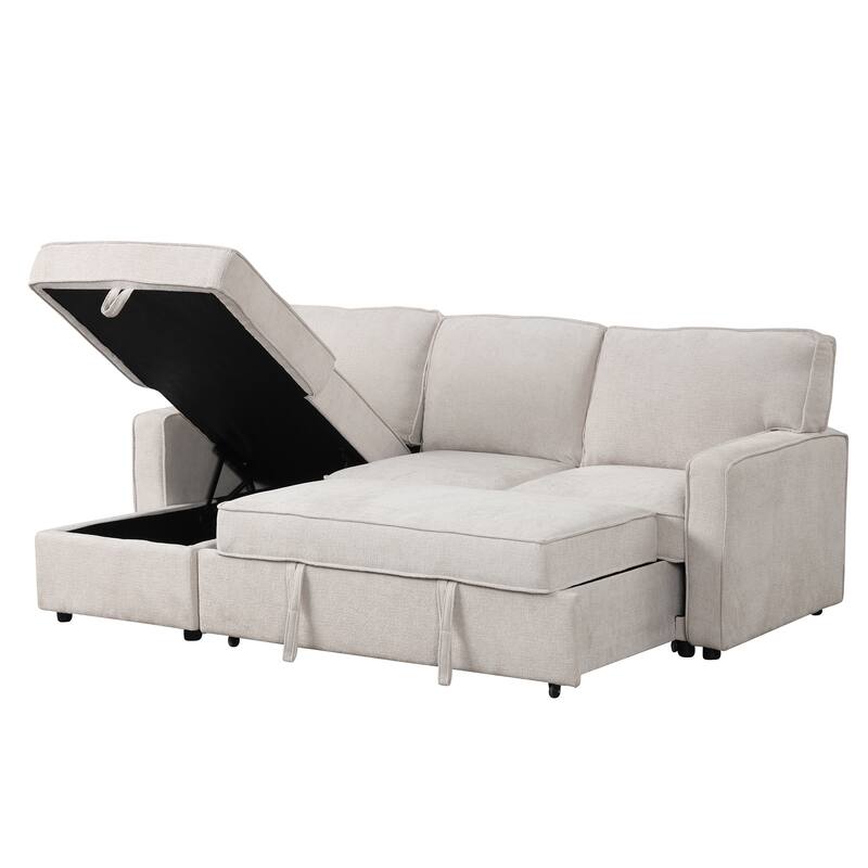 Upholstery Sleeper Sectional Sofa with Storage, USB Ports & Cup Holders, Convertible L-Shaped Couch with Chaise