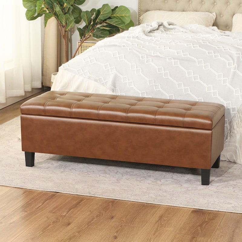 Adeco Faux Leather Storage Ottoman Bench for Living Room
