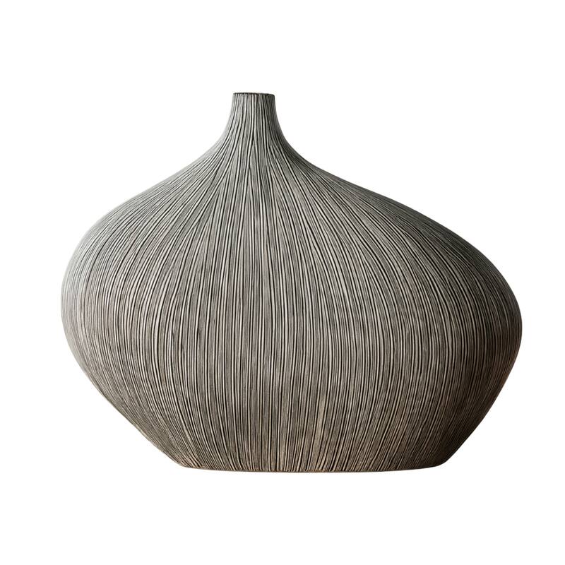Aria Home Grey Stria Bloom Polyresin Vase with Textured Lines Decor Accent - Grey