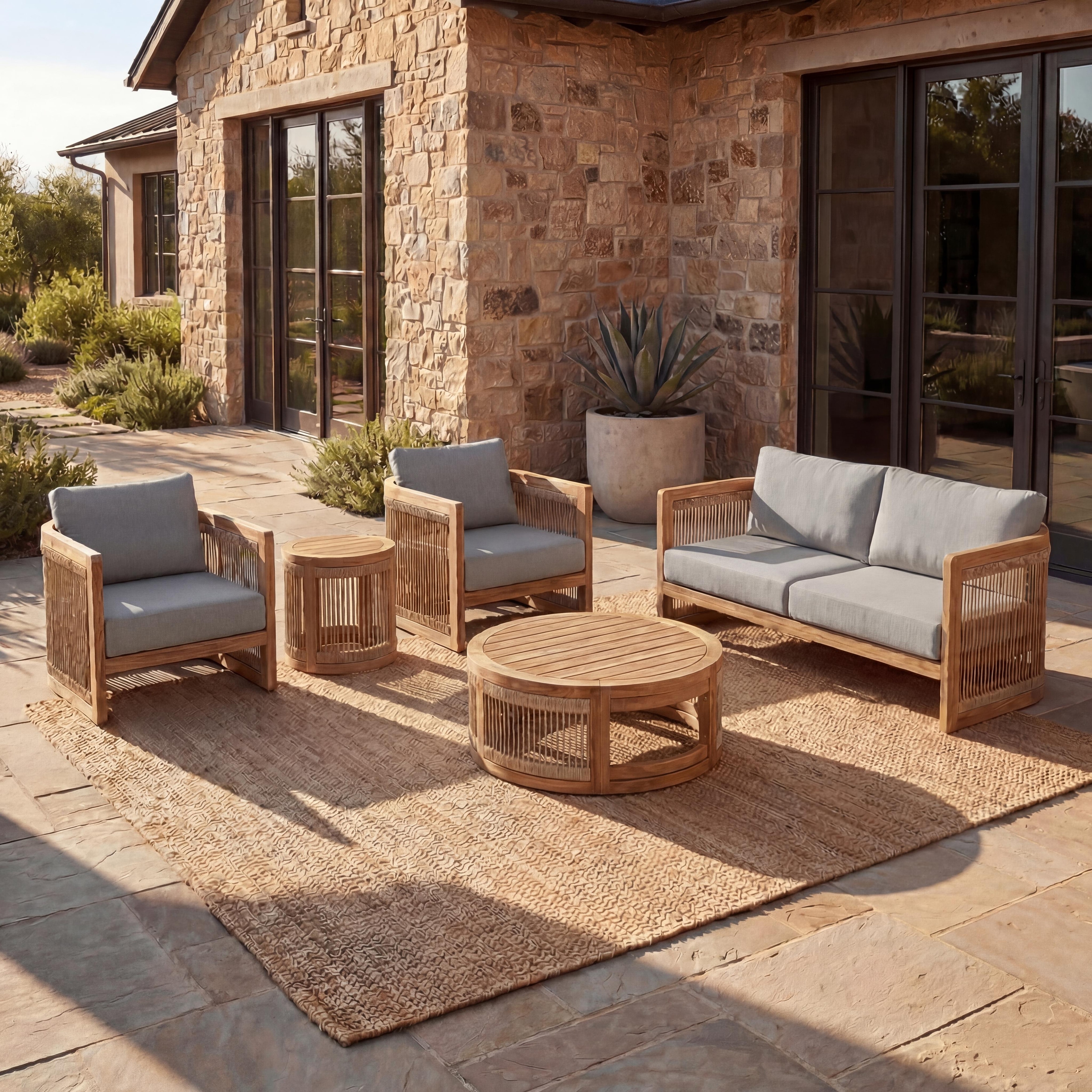 Christopher Knight Home - 5-Piece Patio Acacia Wood Conversation Set with Rope-Woven Chairs, Coffee Table & Side Table