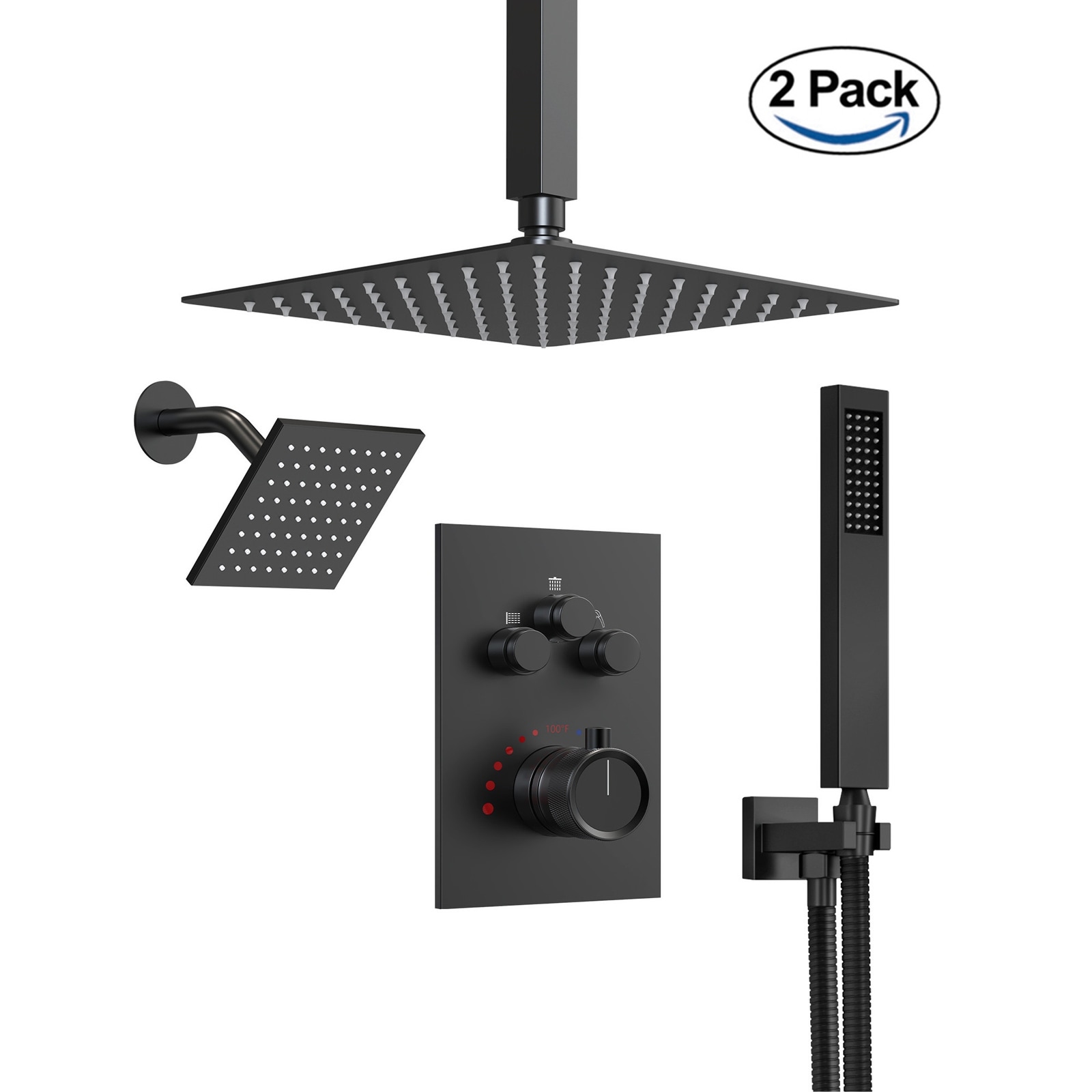 2 Pack Dual Heads 12" Rainfall & High Pressure 6" Shower System with 3 Way Thermostatic Faucet