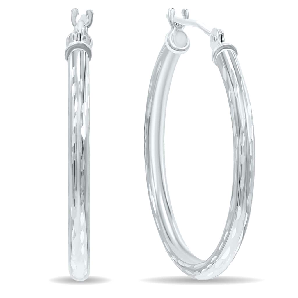 Marquee Jewels 14K White Gold Shiny Diamond Cut Engraved Hoop Earrings (25mm)