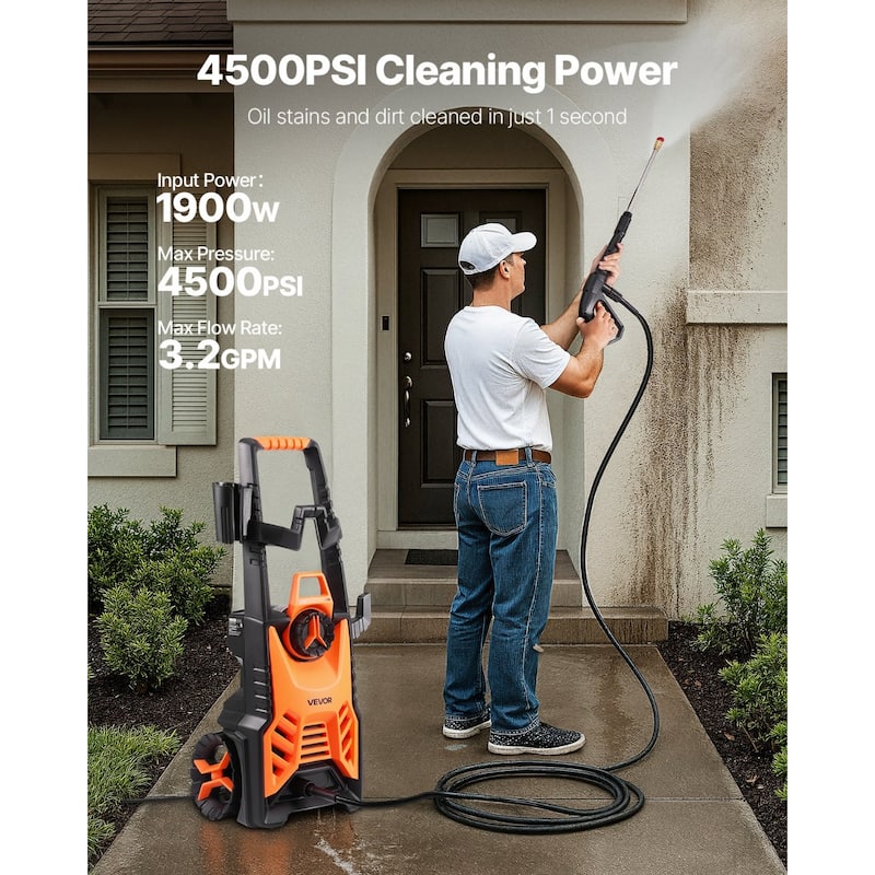 High Power Electric Pressure Washer 1900W 1500PSI 1.2GPM with 4 Nozzles Foam Cannon and 26ft Hose - 11.02 x 9.84 x 29.53 inch