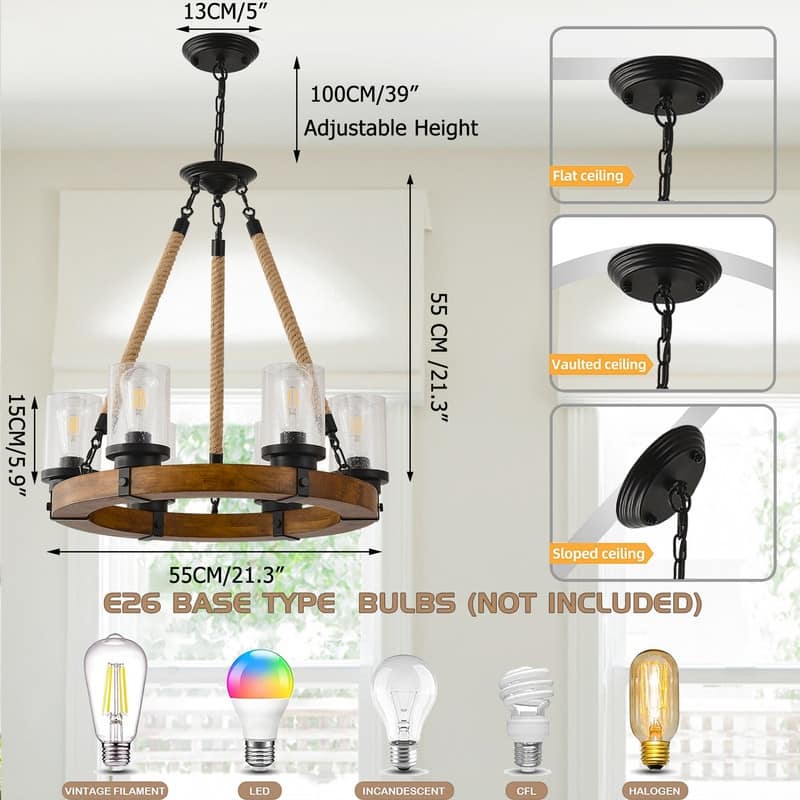 Farmhouse Wagon Wheel Chandelier Round Wood Pendant Lighting Fixture for Dining Room