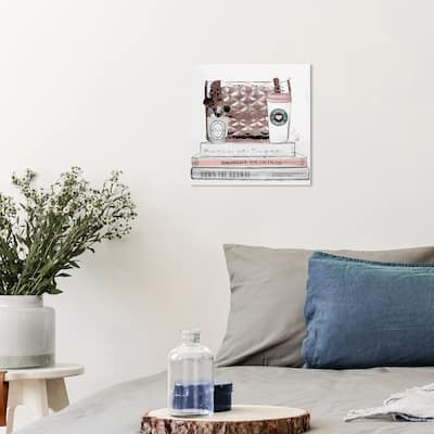 Wynwood Studio Canvas Fashion and Glam Bag Coffee and Make Up Pink and Pastel Pink Glam Wall Art Canvas Print