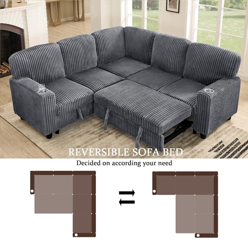 81" L-Shaped Corduroy Sectional Sofa with Pull-Out Bed