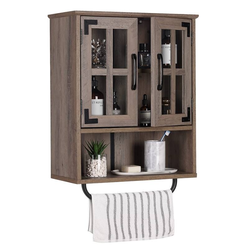 Wood Wall Storage Cabinet with Cross Glass Doors - 8.27"D x 19.3"W x 26.3"H - Washed Oak