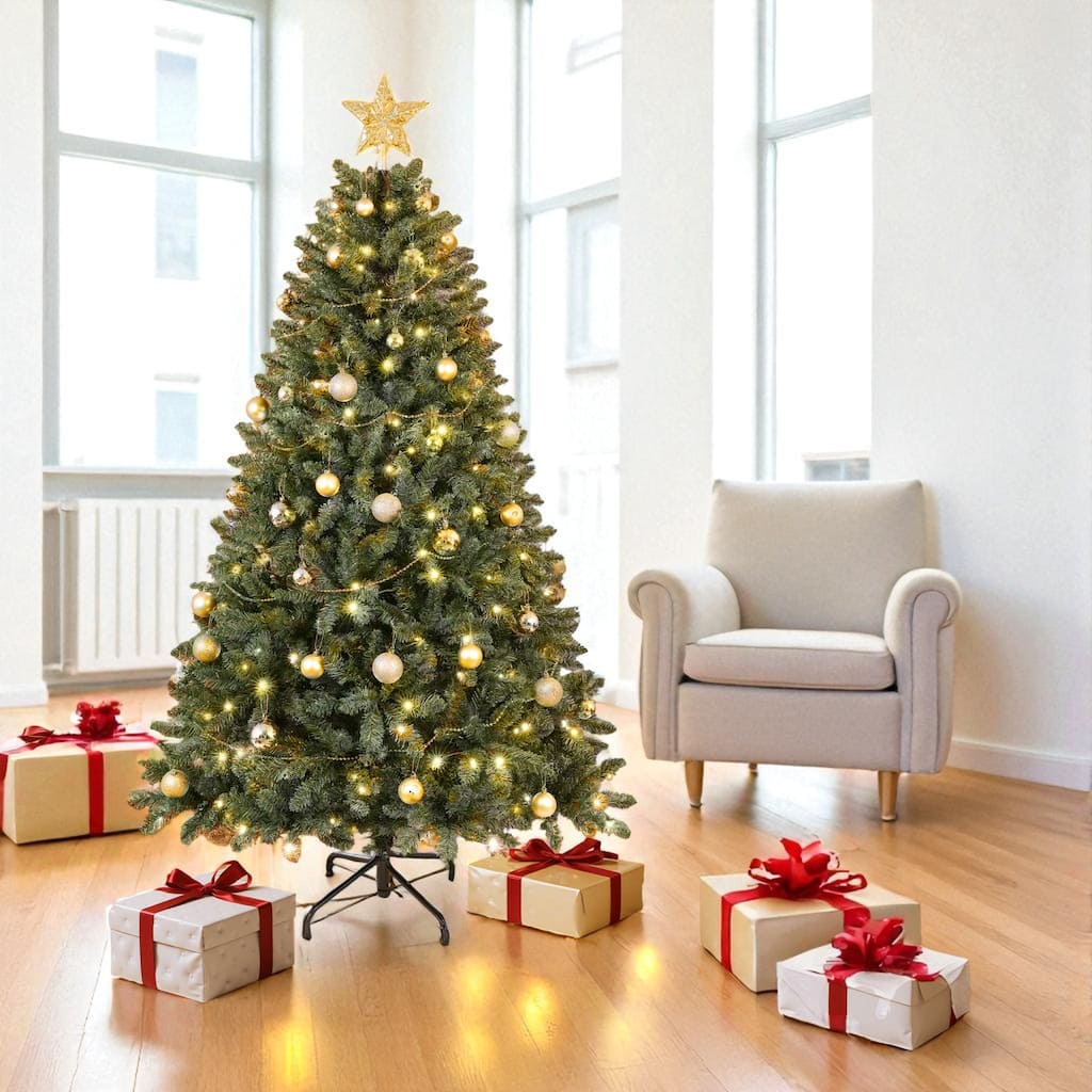 7.5FT Pre-Lit Artificial Christmas Tree with 550 LED Lights, 1350 Tips, Hinged PVC Design and Metal Stand