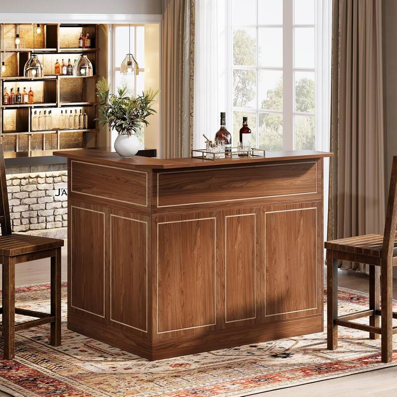 L Shaped Home Bar Cabinet Table with Stemware Racks, 4-Tier Corner Bar Unit Liquor Wine Bar Table