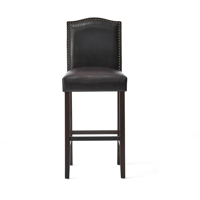 Modern Set of 2 Bar Stools with Leather Cushioned Backrests, Nailhead Trim, Solid Wood Legs for Dining Room Living Room Bar