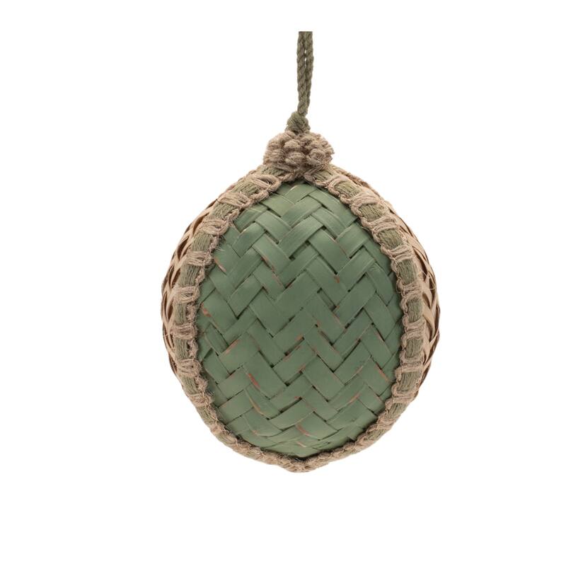 Set of 4 Green Beige Woven Wicker Ball Ornaments with Jute Rope Hangers for Christmas Tree and Garland Decor