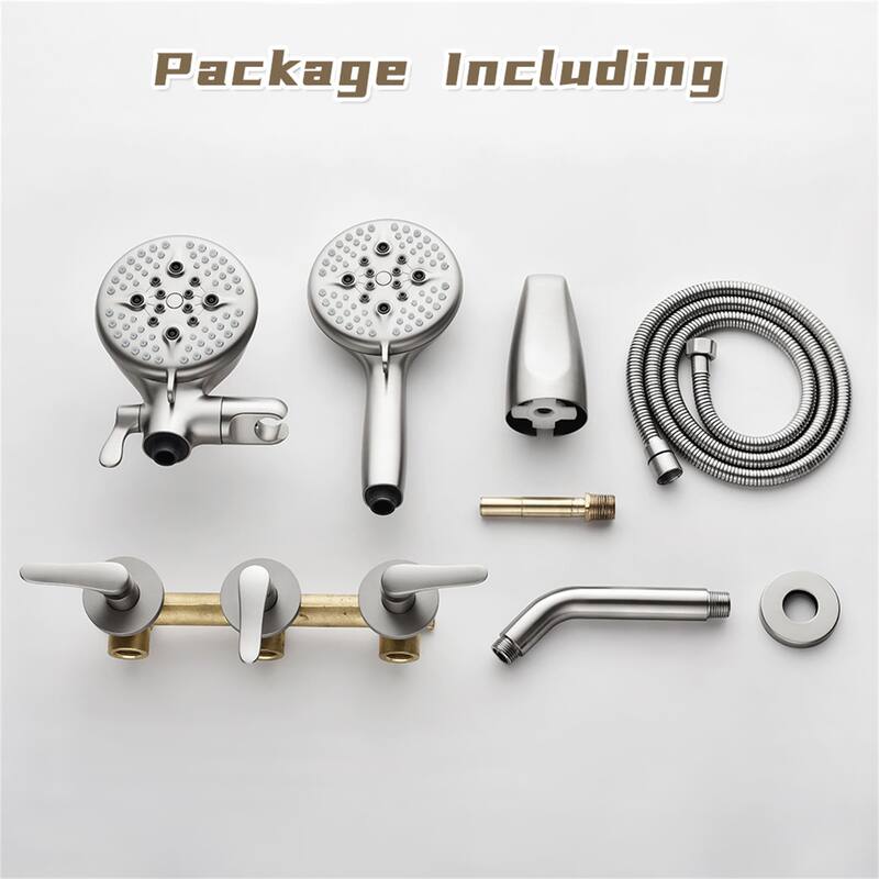 Wall Mount Dual Head Tub and Shower Faucet Brushed Nickel Complete Shower System Trim Kit Wth Rough-in Valve