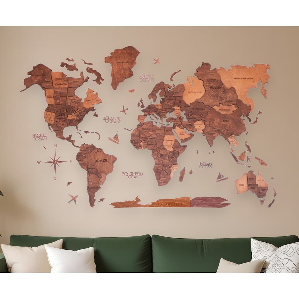 HomeRoots 47" X 79" Brown and Tan Wood World Map Hanging Dimensional Sculpture