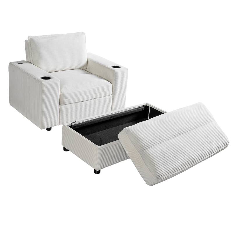 Roomfitters Oversized Chaise Lounge Chair with Storage Ottoman and Built-in USB Charging Port, Corduroy Sleeper Couch