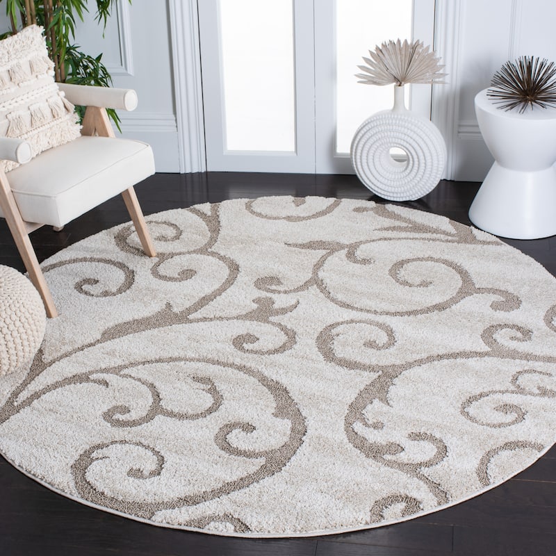SAFAVIEH Florida Shag Shahin Scroll 1.2-inch Thick Textured Rug - 6'7" Round - Ivory/Beige