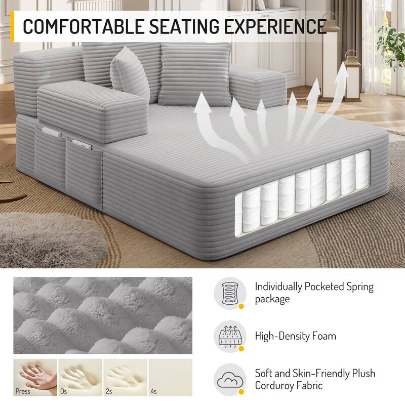 Luxurious Plush Corduroy Chaise Lounge Convertible Sofa Bed with Storage Pocket and Wide Armrests