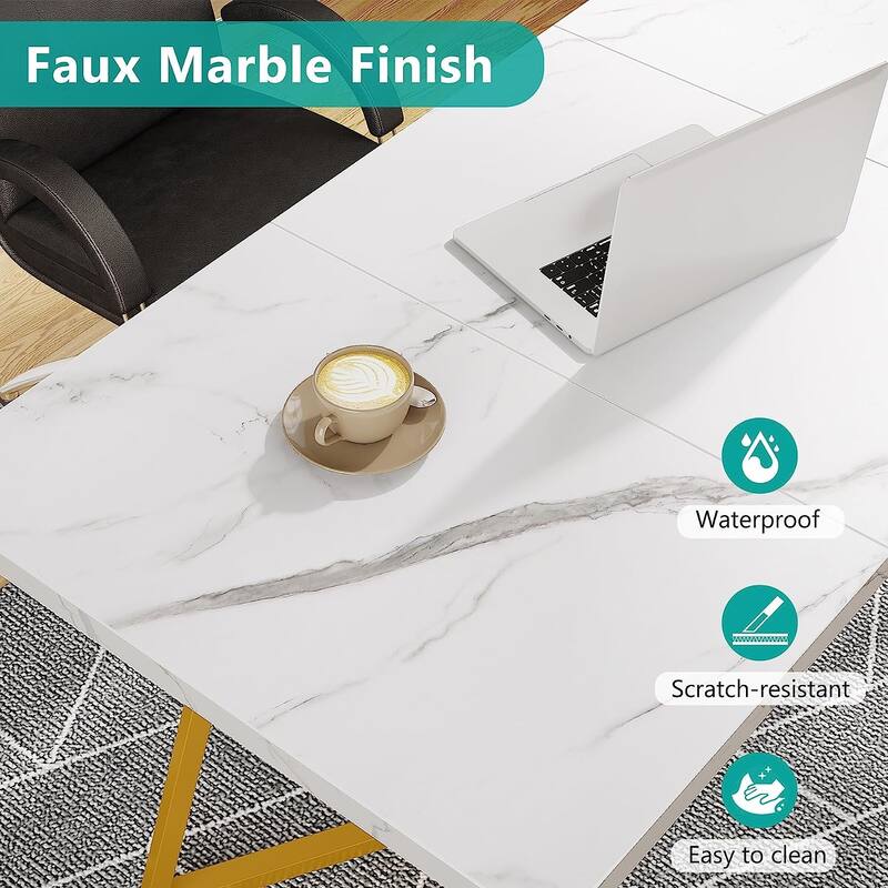 Home Office Computer Desk, White Gold 55 In Faux Marble Executive Desk
