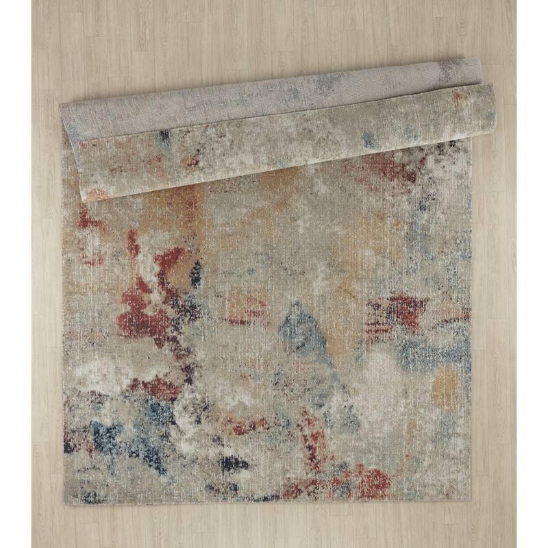 Trellis Beige, Cream, Yellow, Navy and Red Abstract Indoor/Outdoor Rug
