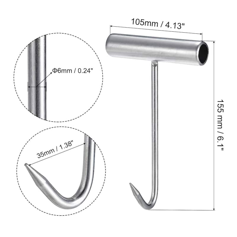 T-Handle Meat Boning Hook, Stainless Steel T Hook for Kitchen - Silver Tone - 6.1" x 4.13" x 0.24"