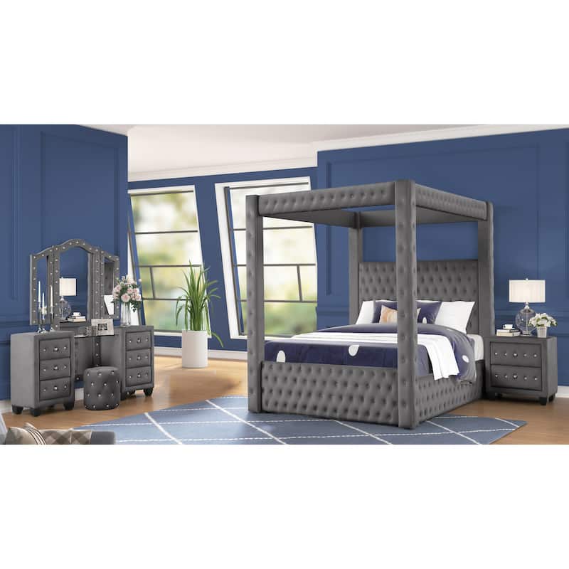 Monica Modern Style Crystal Tufted 4PC/5PC Vanity Bedroom Set Made with Wood