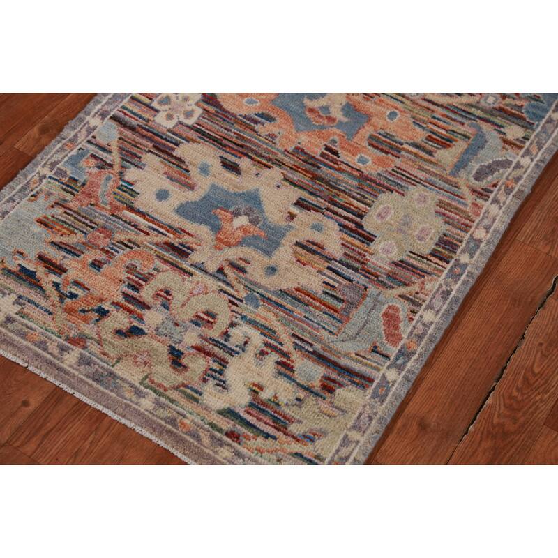 Hand Knotted Oriental 100% Wool Carpet Transitional Floral Multi-Colored Oushak Runner Rug - 19' 5'' X 2' 4''