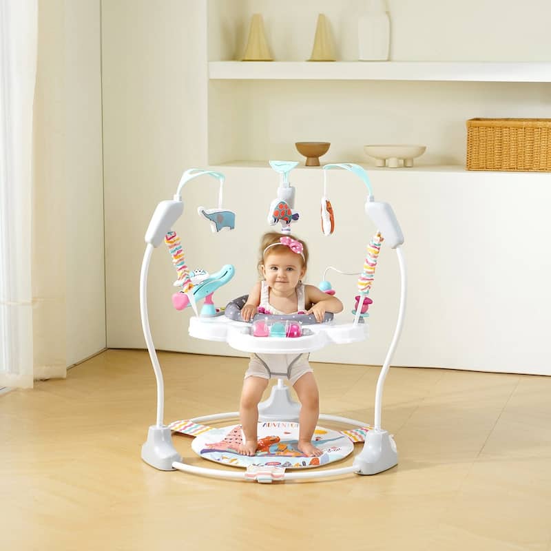 Multi-Color Bouncer Jumper with Crinkle Pad, Music Box and Adjustable Height - 34.3” L x 34.3” W x 36.6” H