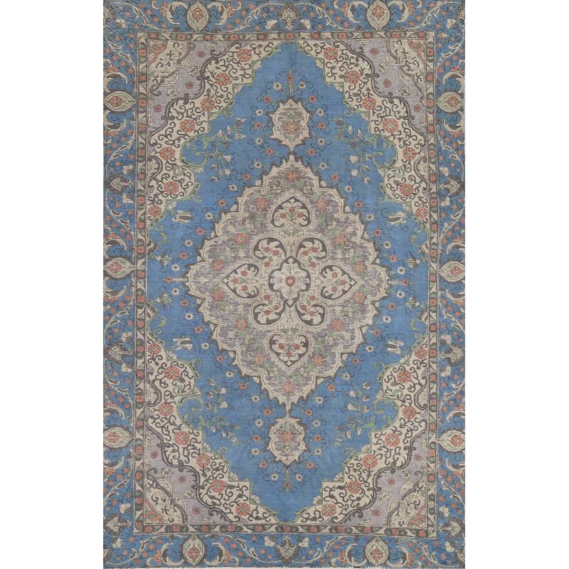 Distressed Blue Tabriz Persian Vintage Rug Hand-Knotted Wool Carpet - 6'10"x 10'8"