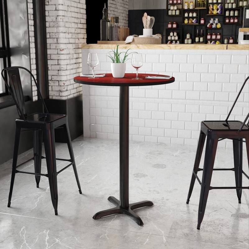30'' Round Laminate Table Top with 22'' x 22'' Bar Height Table Base - Mahogany