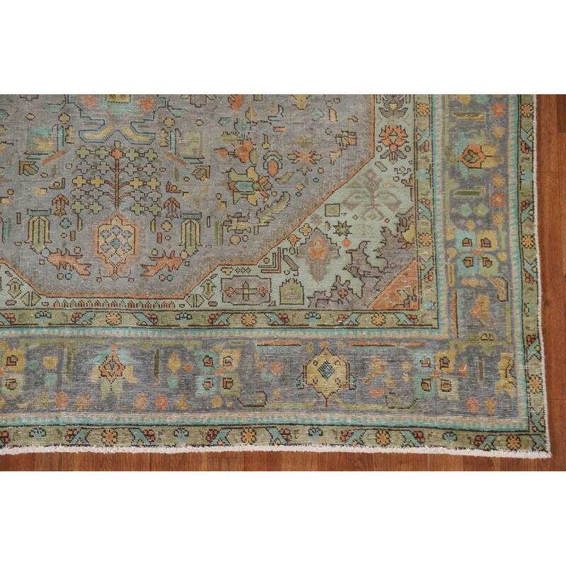 Hand Knotted Oriental 100% Wool Carpet Traditional Medallion Greys & Charcoal Tabriz Area Rug - 9' 9'' X 6' 5''