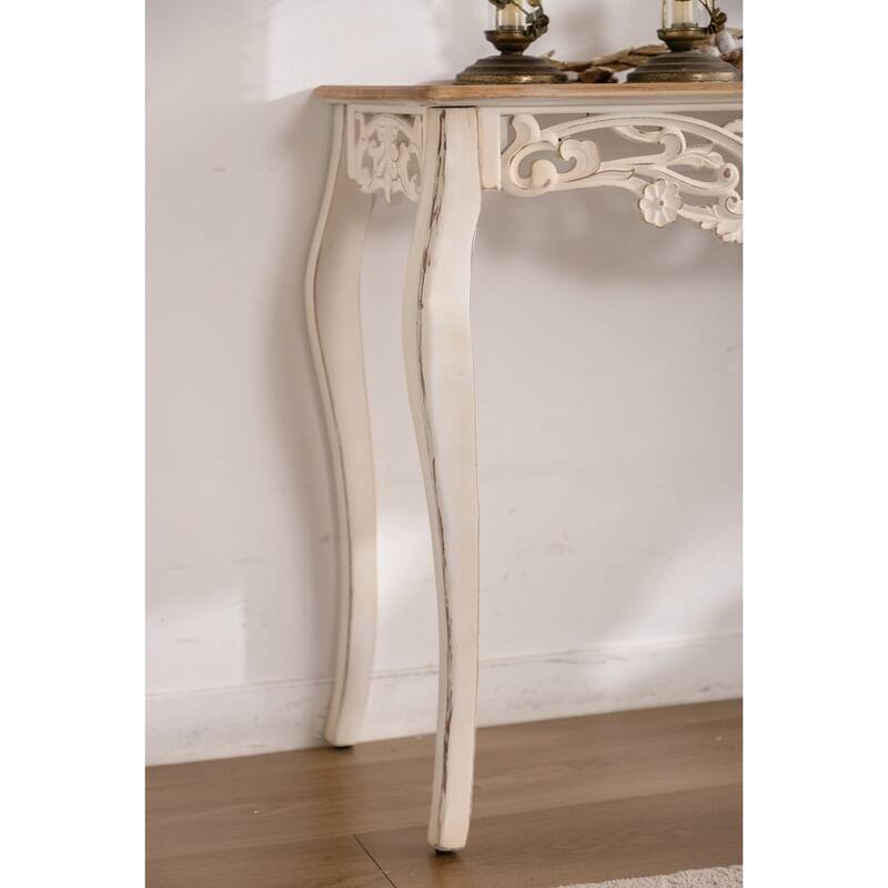 Antique White Console Table with Carved Details, Distressed Console Table,Entry Table with Wood Carvings and Curved Legs