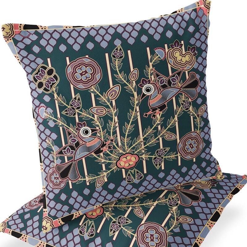 HomeRoots Set of Two 16" X 16" Green and Pink Peacock Blown Seam Floral Indoor Outdoor Throw Pillow - 16.00' X '16.00' X '5.00