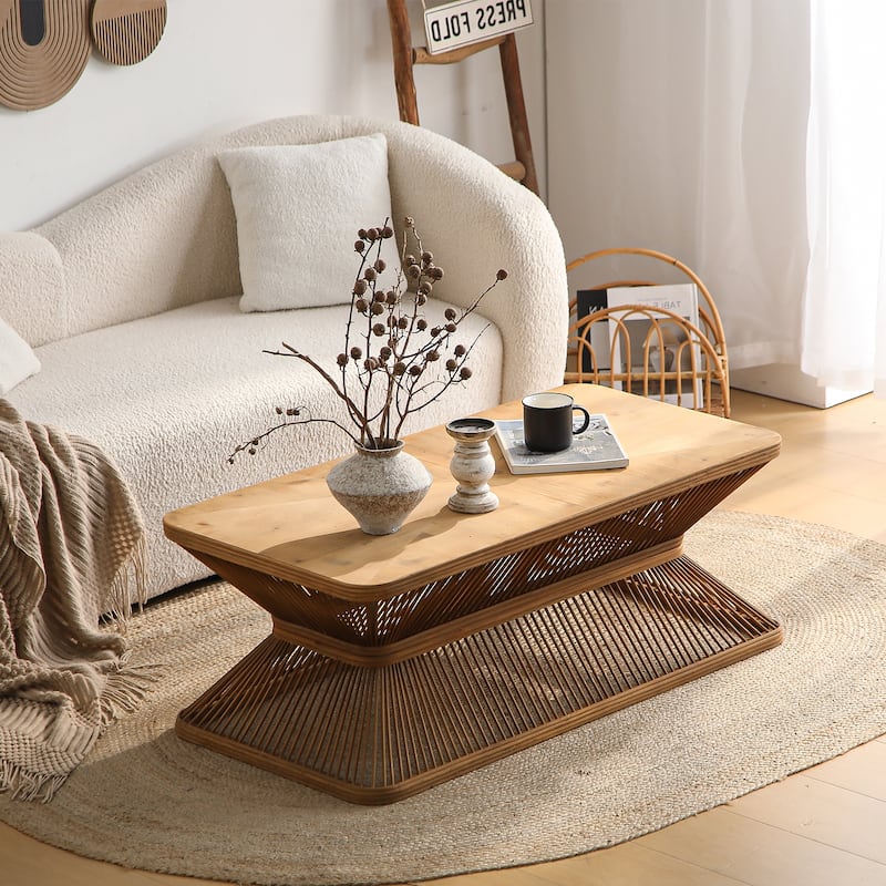 Mid-Century Modern Coffee Table, Rectangular Wood Accent Table with Woven Bamboo Base, Rustic Boho Low Profile Cocktail Table