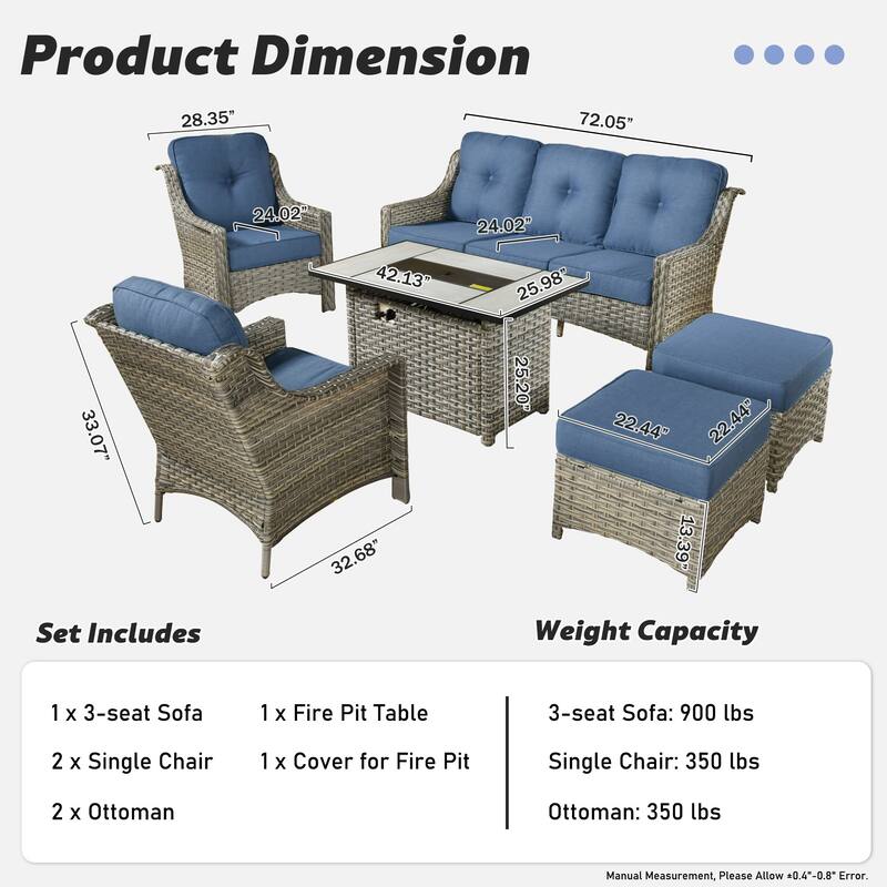 XIZZI 6-Piece Patio Furniture High-Back Wicker Sofa Set with 42" Fire Table