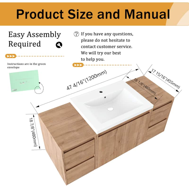 Malwee 36"/48"/60" Floating Bathroom Vanity,Wall Mounted Bathroom Vanity with Sink,Soft Close Door and Drawer
