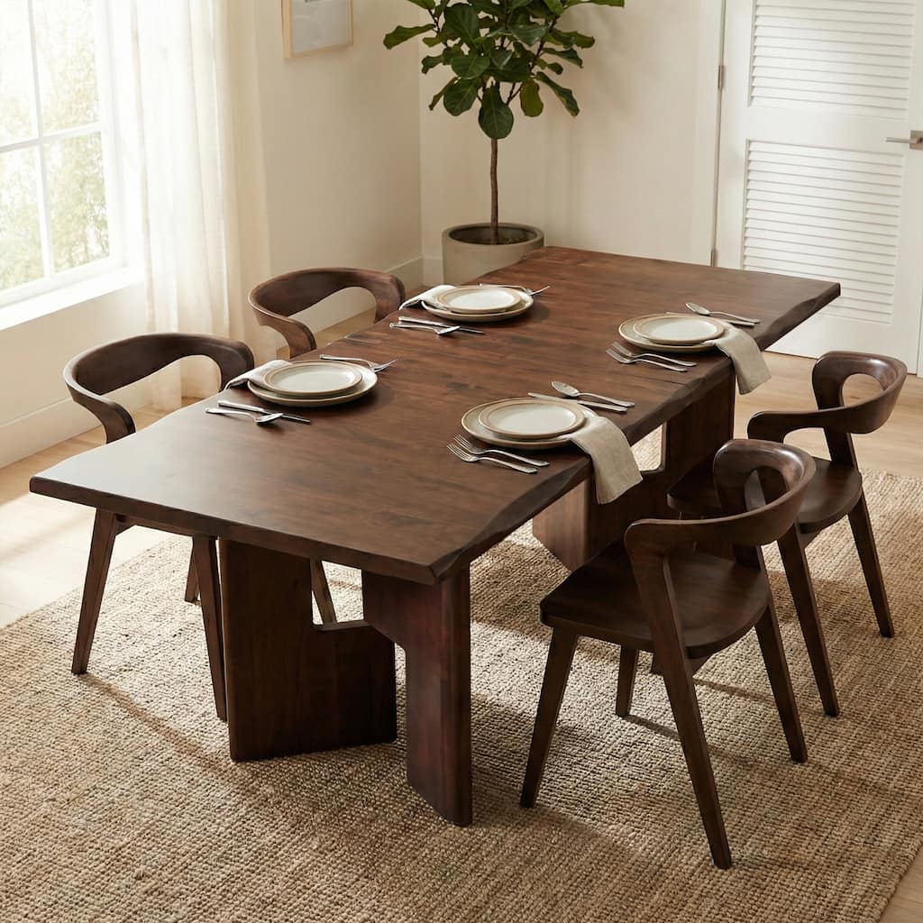 Furniture of America Abigail XIV Mid-Century Modern 7-Piece Walnut Solid Wood Extendable Dining Set with Self-Storing Leaf
