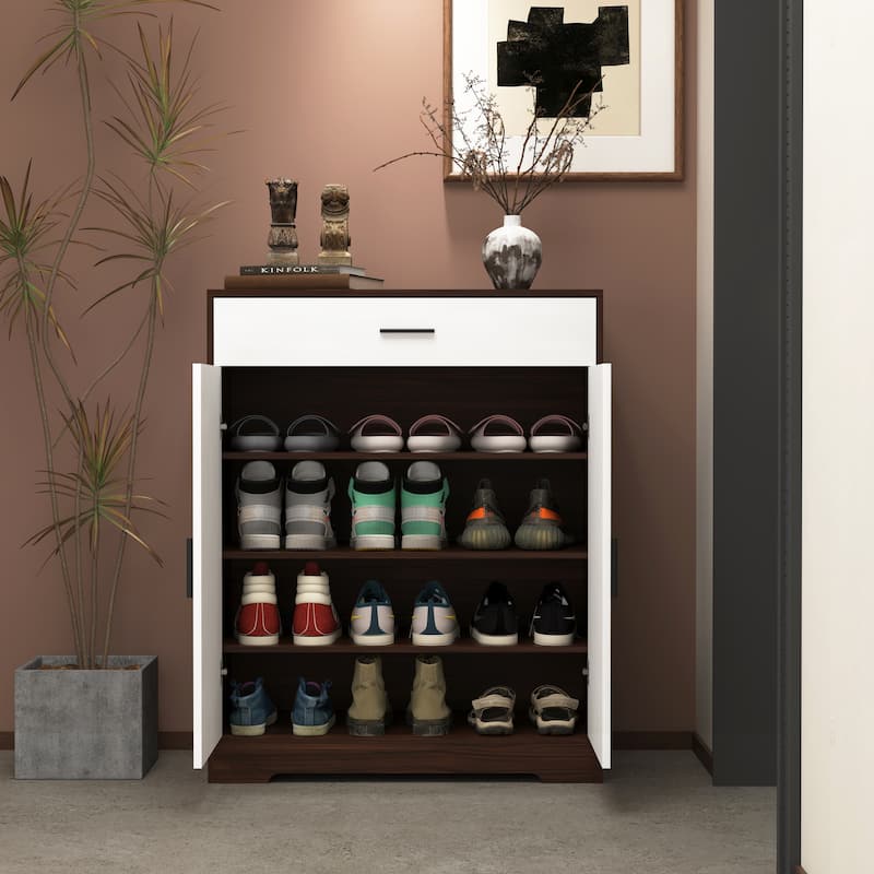 Freestanding Wooden Shoe Cabinet, 4-Tier Shoe Rack Organizer, Shoe Cabinet with Drawer, 2 Door & Adjustable Shelves