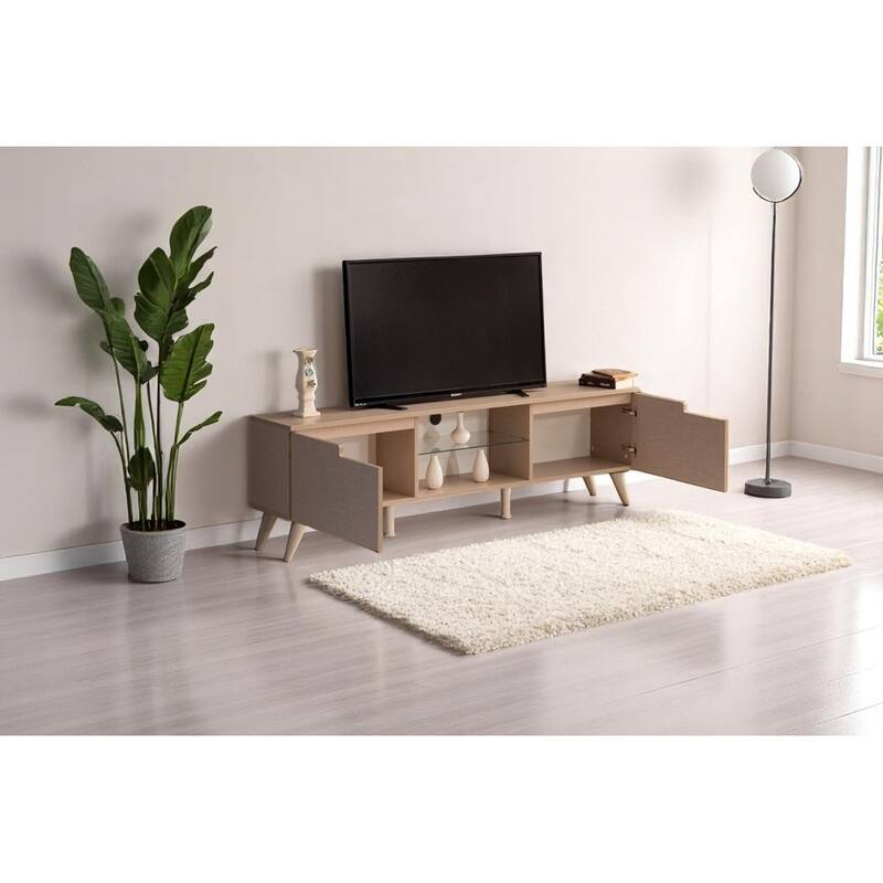 Dannie Modern TV Stand with 2 Doors Storage Cabinets 1 Glass Shelf, Wood Finish, Living Room Entertainment Center