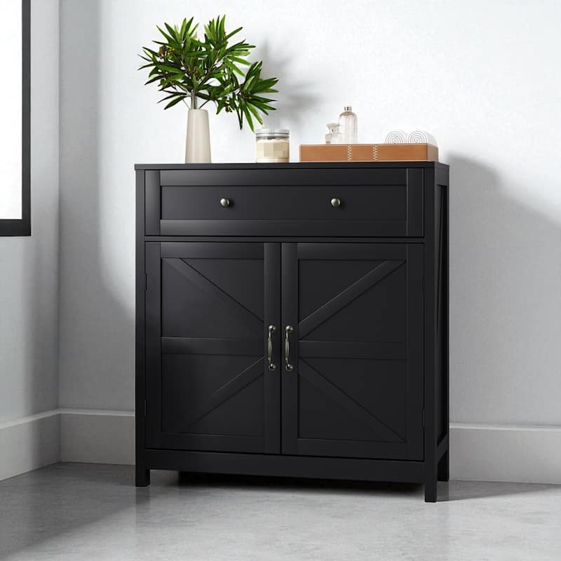Farmhouse Buffet Cabinet with Barn Doors, Drawer & Adjustable Shelf, Storage for Kitchen & Entryway - Black