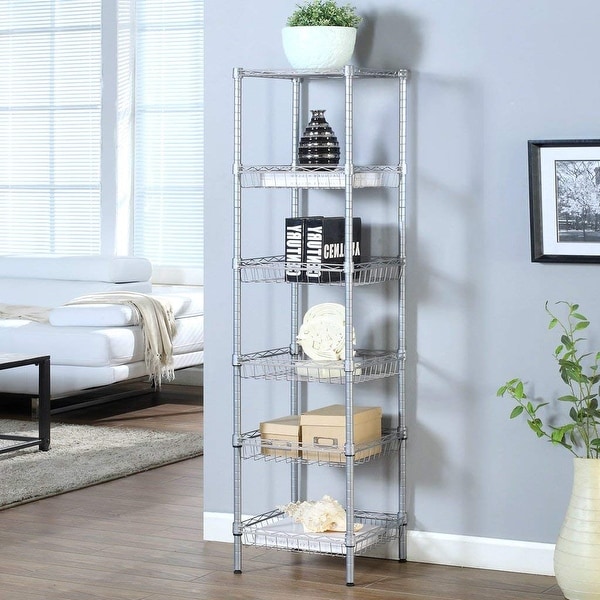 LANGRIA Heavy Duty 6-Tier Shelving Units, Storage Rack Corner Organization Shelf, Silver. Opens flyout.