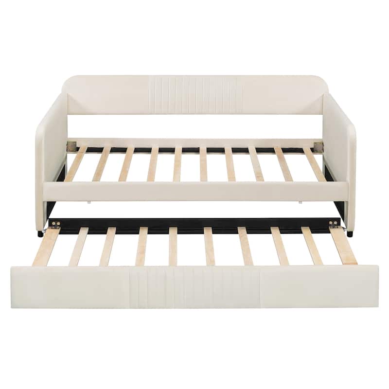 Roomfitters Twin Size Upholstered Daybed with Trundle, Velvet Fabric Sofa Bed with Wood Slats