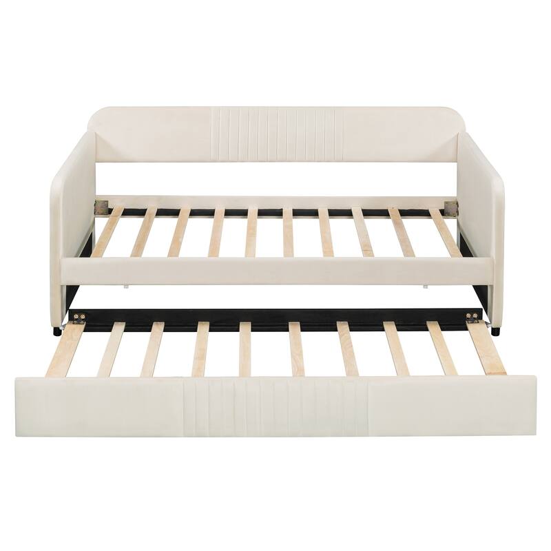 Twin Size Upholstered Daybed Sofa Bed with Trundle and Wood Slat, Light Blue/Beige/Gray