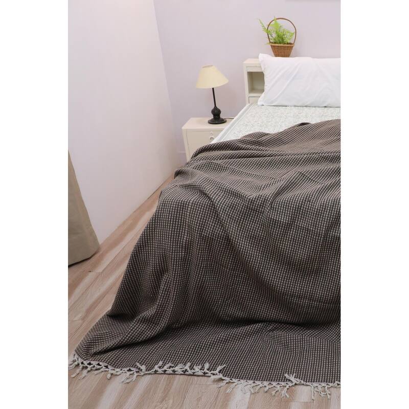 Fabdivine Handmade Check Lines Block-Printed Throw Blanket - Handwoven Cotton with Unique Fringe Knots 90x54 - 90" x 54" - Black